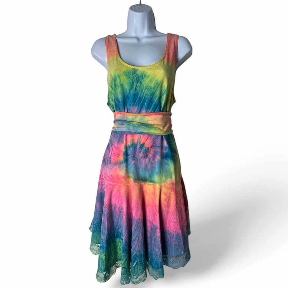 InGear - Women’s Vintage Neon Tie Dye Swing Dress Belted Lace Hem 90s‎ - Sz. L